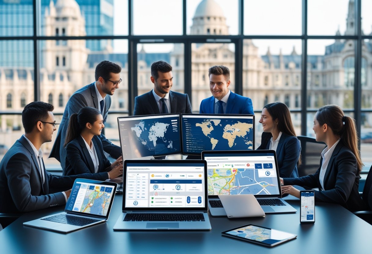 Business professionals working together in an office with multiple screens showing vehicle tracking and fleet management data.