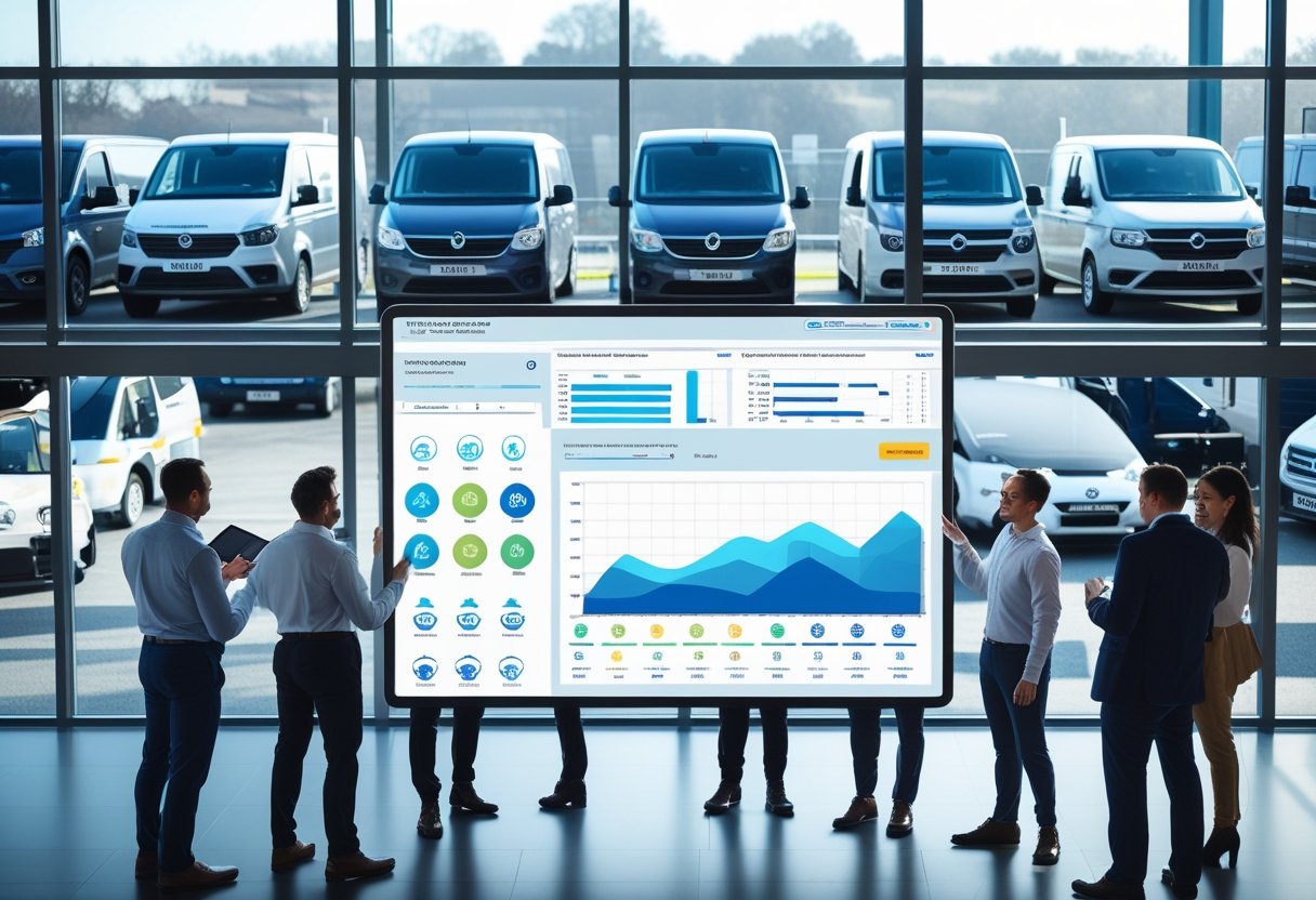 A team of professionals working together in an office with a digital touchscreen showing vehicle data, with a fleet of cars and trucks visible outside the window.