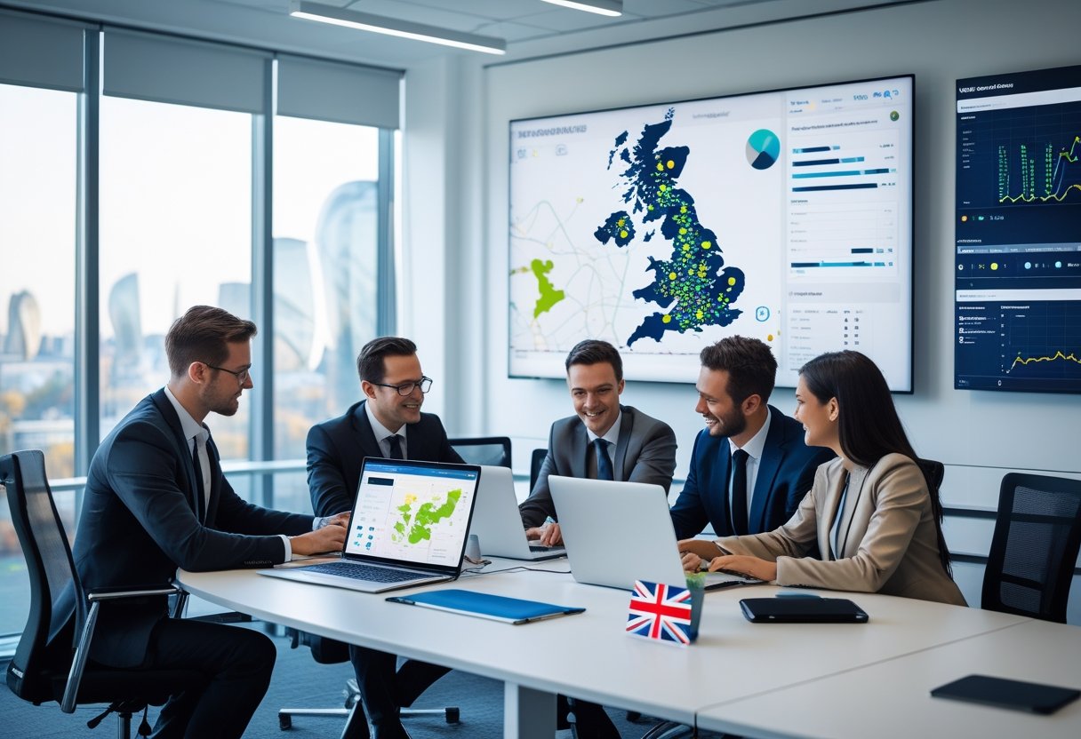 Business professionals in a modern office using laptops and tablets to manage vehicle data with a large screen showing a UK map and vehicle routes.