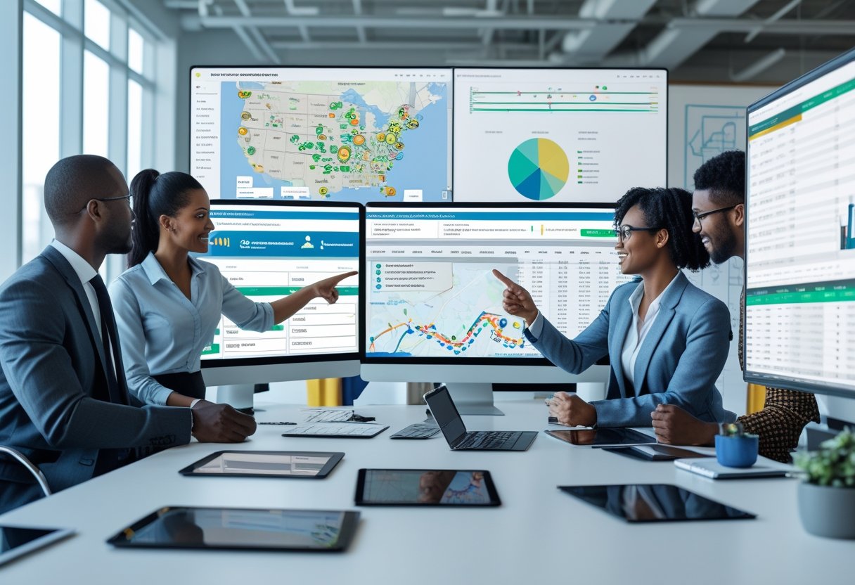 A team of professionals in an office reviewing fleet management software dashboards on multiple computer screens showing vehicle locations and data.