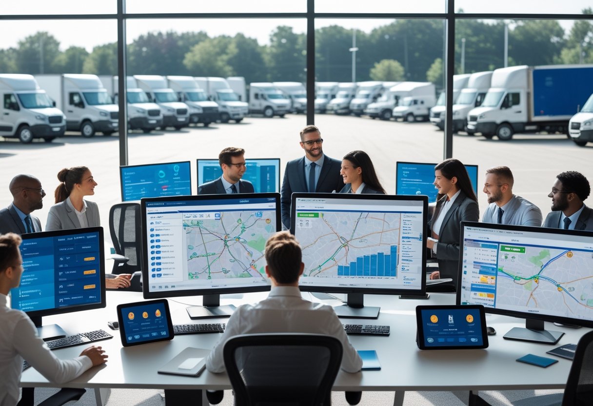 A team of professionals working in an office with multiple screens showing vehicle routes and tracking data, with commercial vehicles visible outside the window.