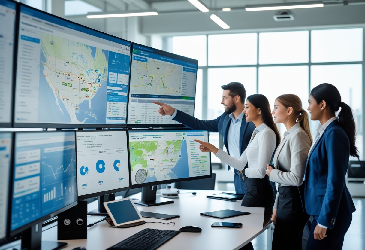 Office with professionals monitoring vehicle tracking maps and data on multiple computer screens.