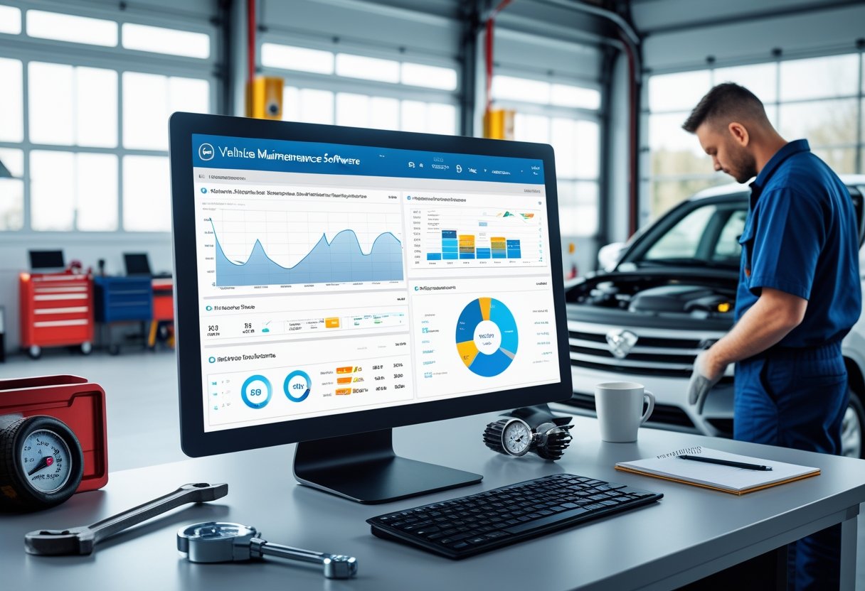 A mechanic working on a car engine in a bright garage with a computer showing vehicle maintenance software on a desk nearby.