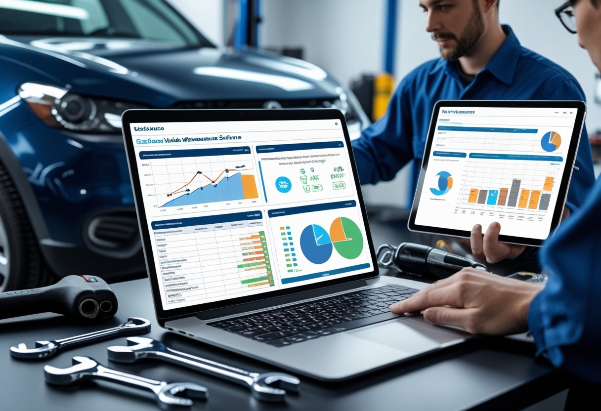 A workspace with a laptop showing vehicle maintenance software, automotive tools nearby, and a person reviewing a tablet in the background.