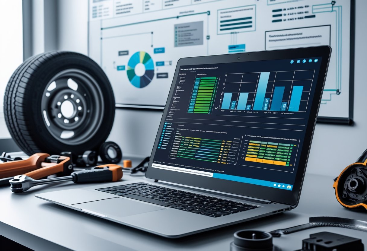 A workspace with a laptop showing vehicle maintenance software, automotive tools, and technical manuals on a desk.