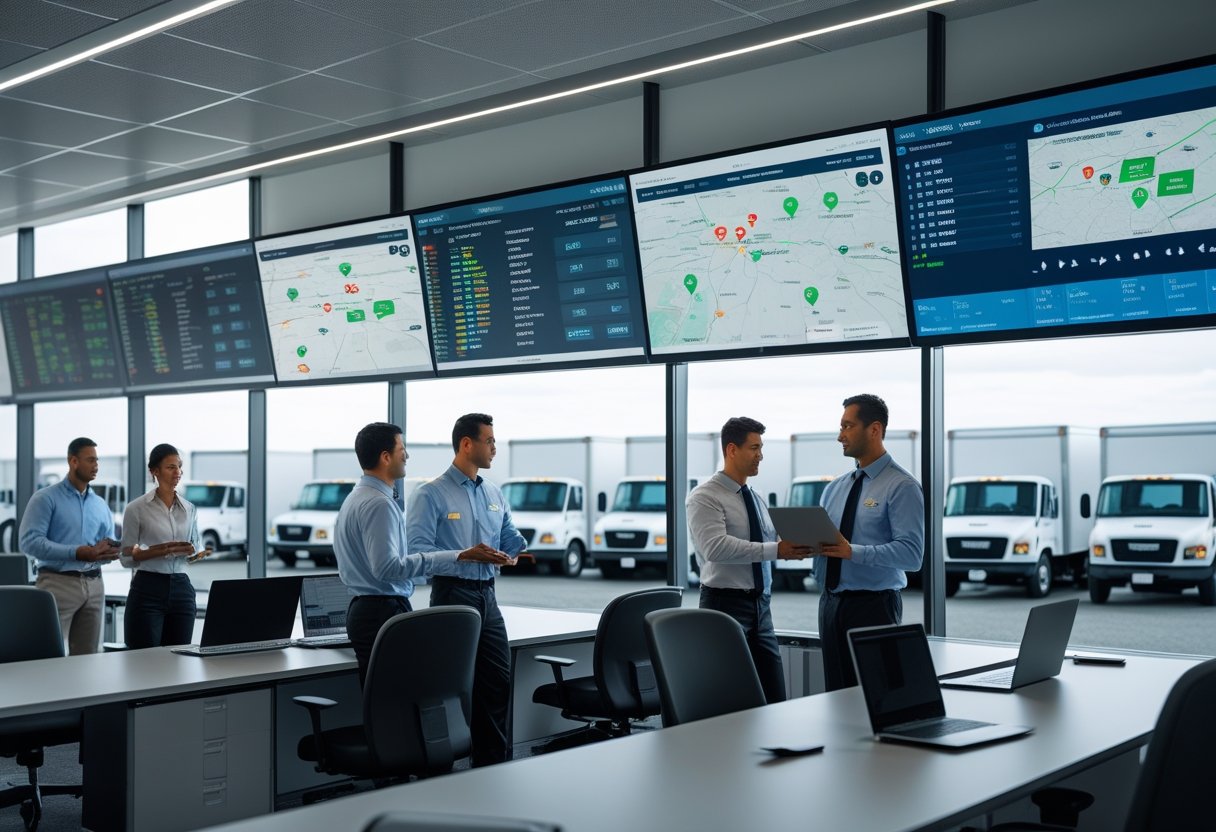 A team of professionals monitoring digital screens showing vehicle locations and data in a modern fleet management control room.