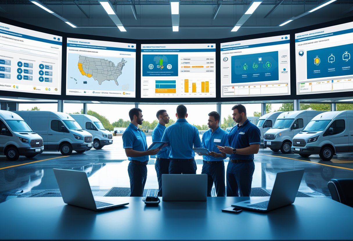 A group of professionals monitoring vehicle data in a fleet operations control room with commercial vehicles parked outside.