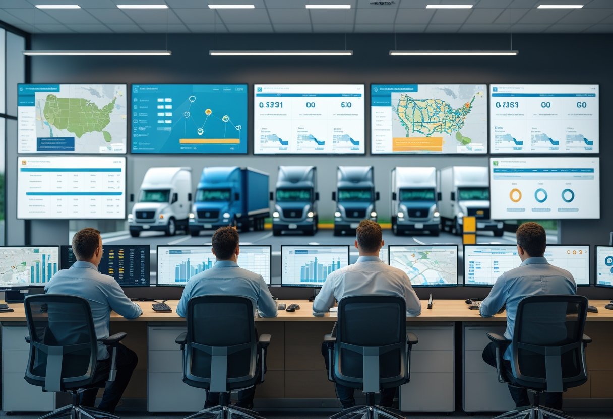 A team of professionals monitoring digital screens showing vehicle data in a fleet management control room with trucks parked outside.