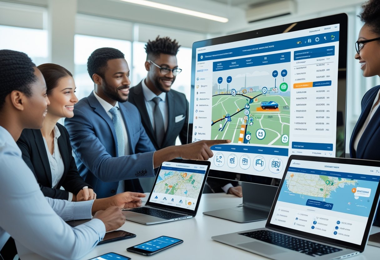 A group of professionals working together around a digital touchscreen displaying maps and vehicle data in an office setting.
