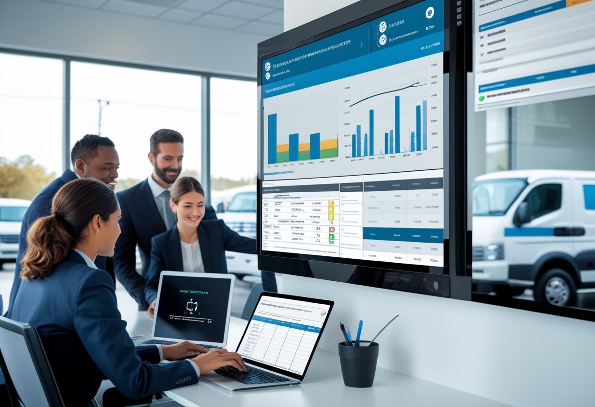 A team of professionals working with digital devices showing fleet vehicle maintenance software in an office with fleet vehicles visible outside the window.