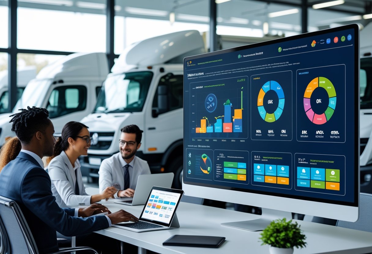 A team of professionals working together in an office with a digital screen showing fleet vehicle maintenance software, with commercial vehicles visible outside the window.