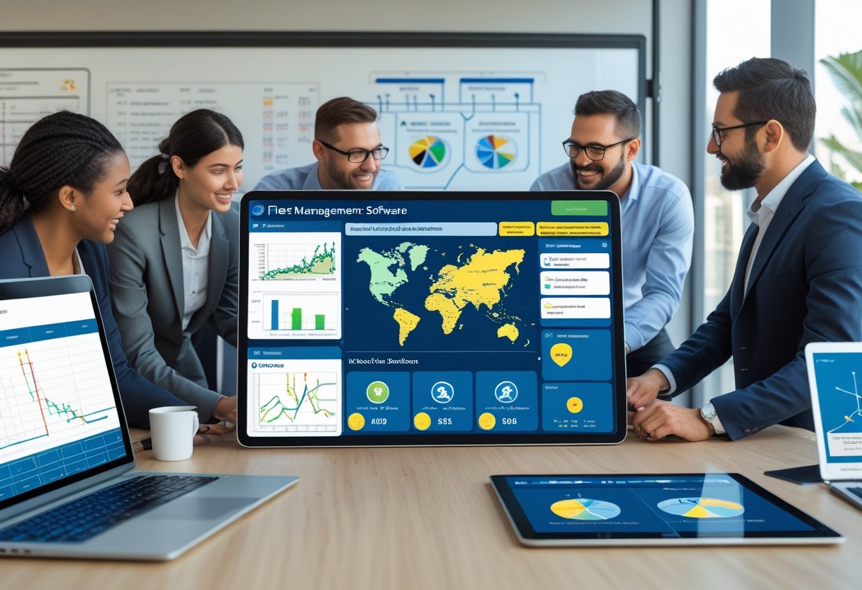 A group of professionals working together around a digital table displaying fleet management data and maps in a bright modern office.