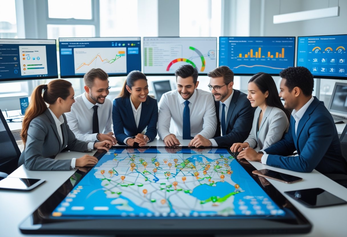 A team of professionals working together in an office around a digital table showing vehicle routes and fleet data on multiple screens.