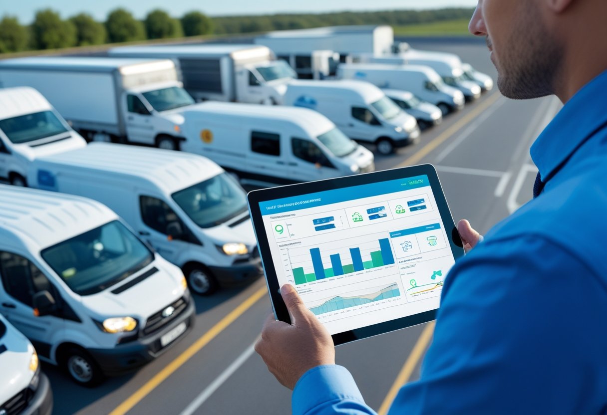 A fleet manager using a tablet to monitor a small group of delivery vans and service trucks in an urban setting.
