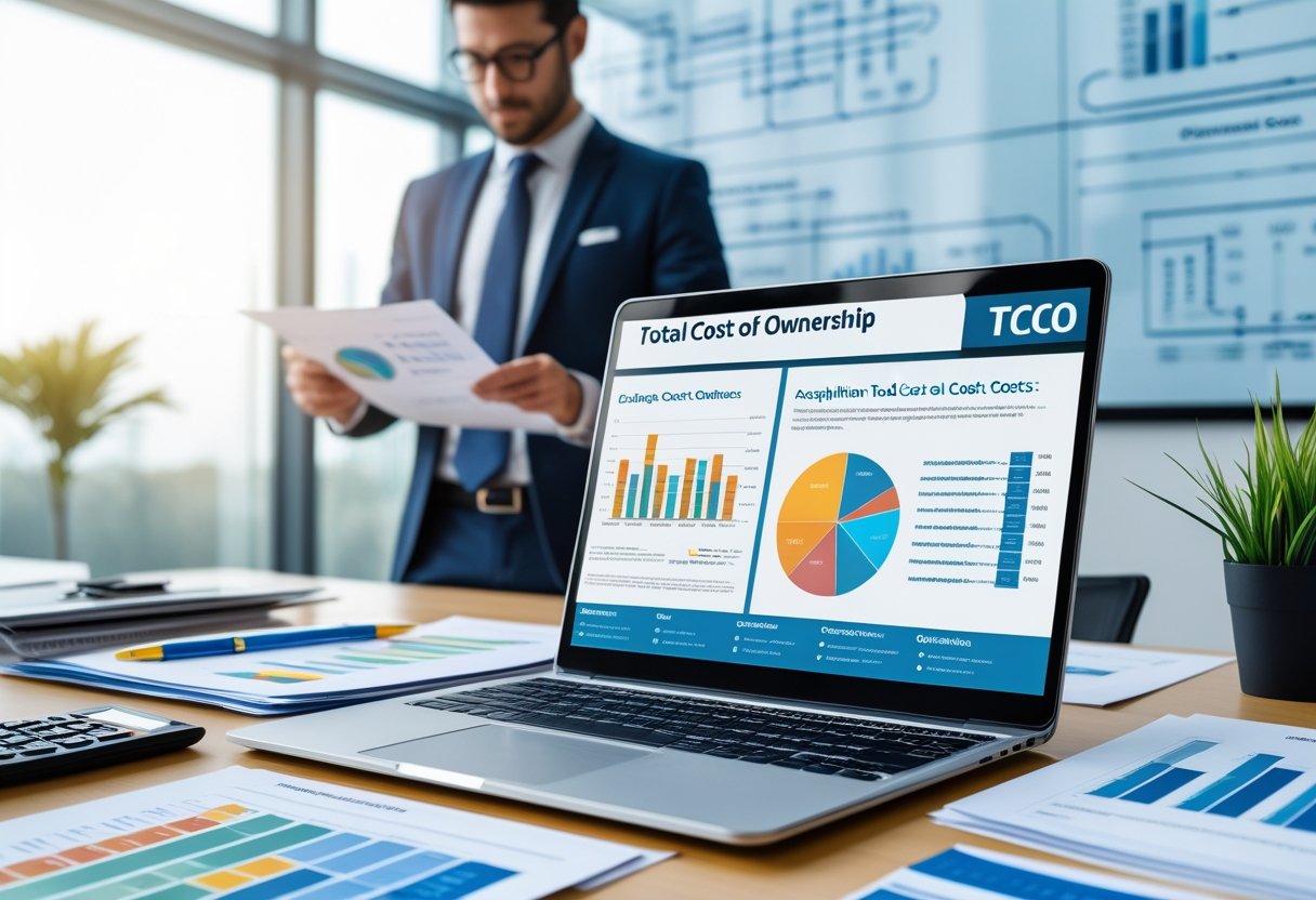 A business professional reviewing financial charts and documents on a desk with a laptop, calculator, and pen, surrounded by diagrams representing cost components.