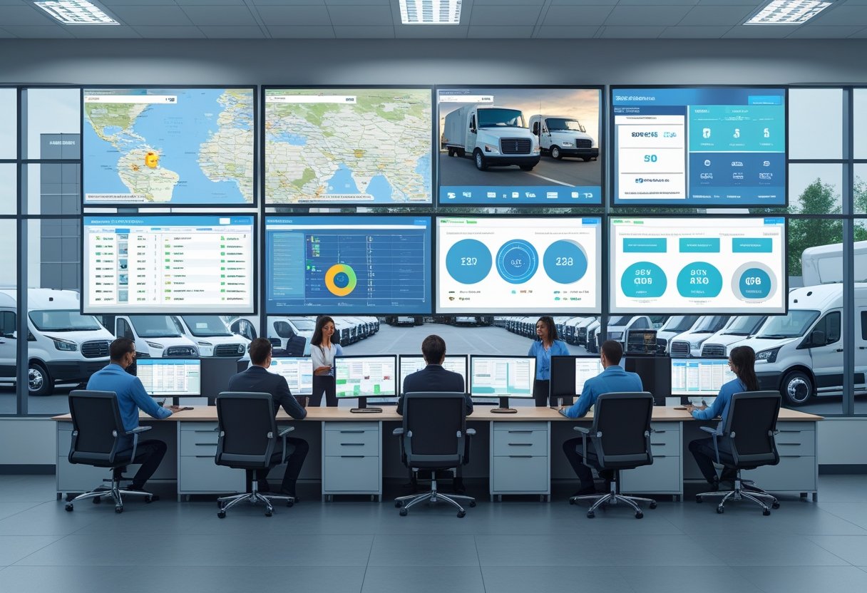 A team of professionals in a fleet management control room monitoring vehicle tracking data on large screens with commercial vehicles visible outside.