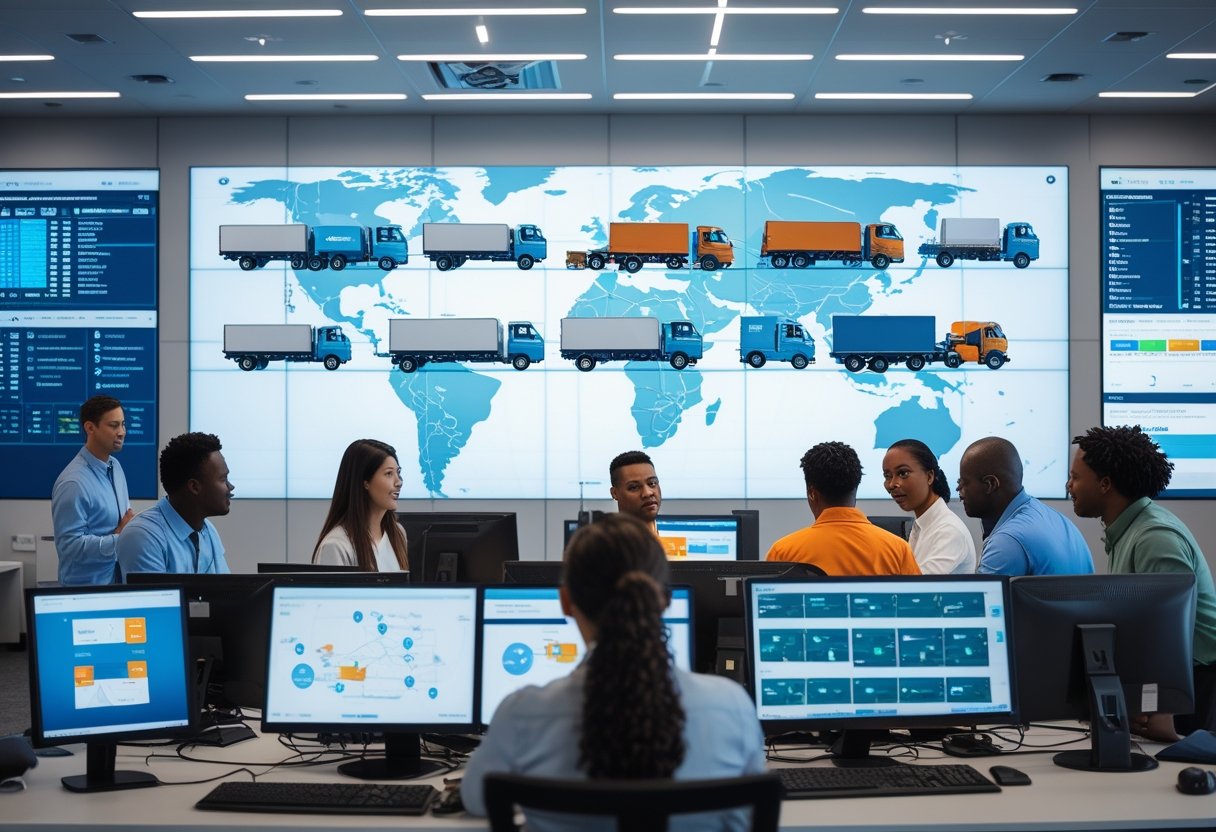 A team of professionals monitoring fleet vehicles on digital screens in a modern control center.
