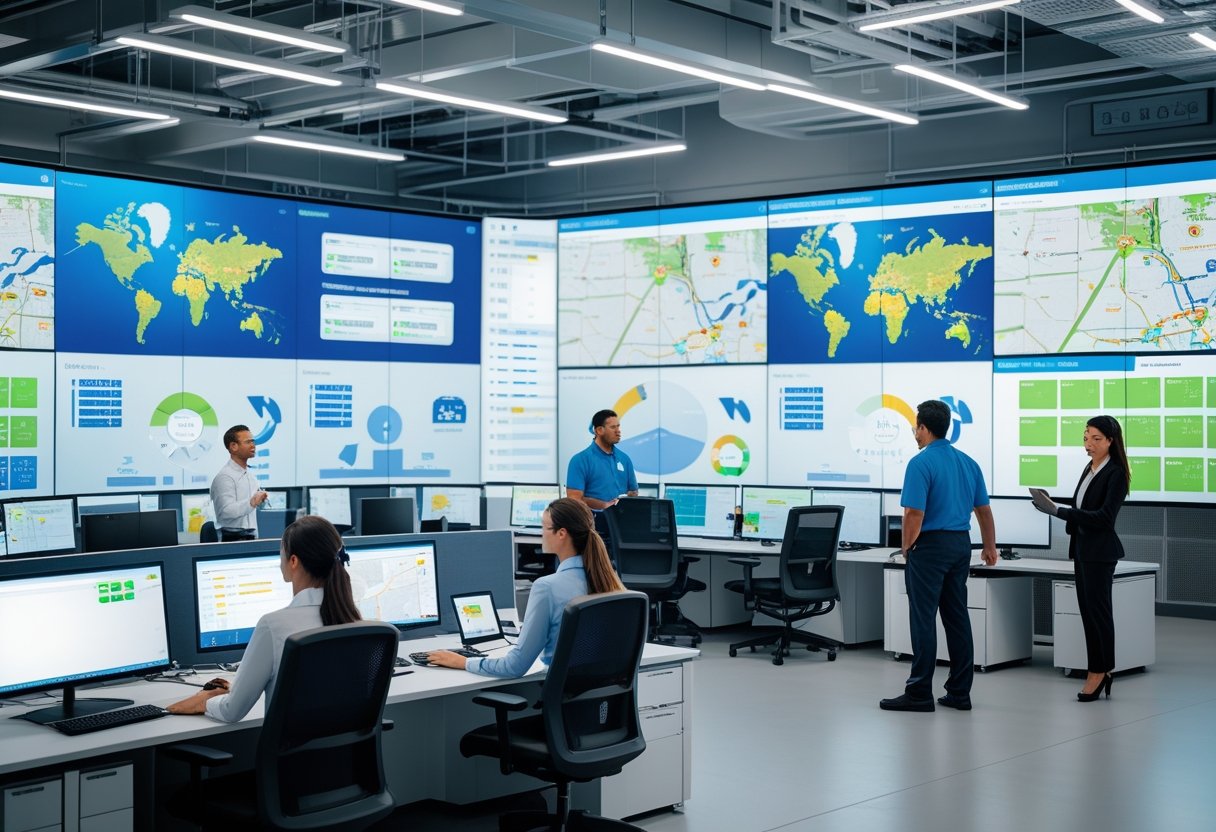 A fleet operation center with professionals monitoring vehicle locations and data on large screens in a modern control room.