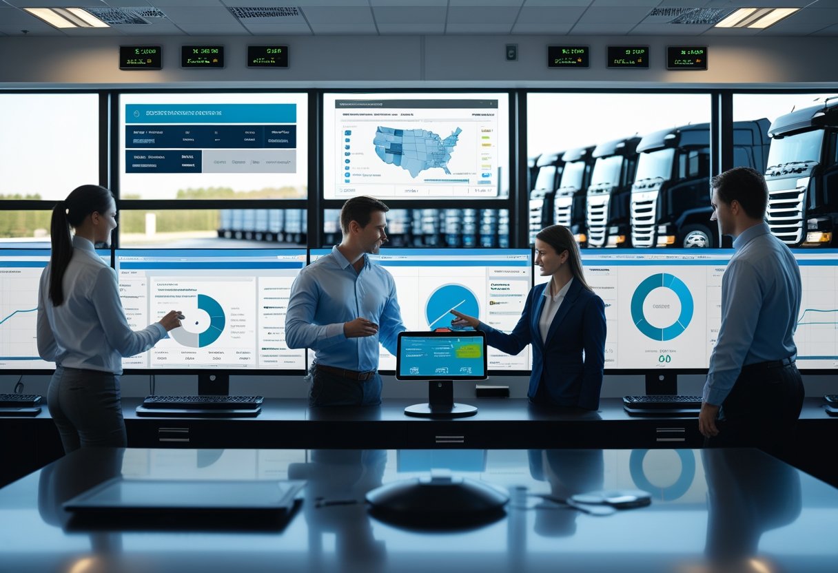 A team of professionals monitoring truck fleet data on screens in a control room with trucks parked outside.