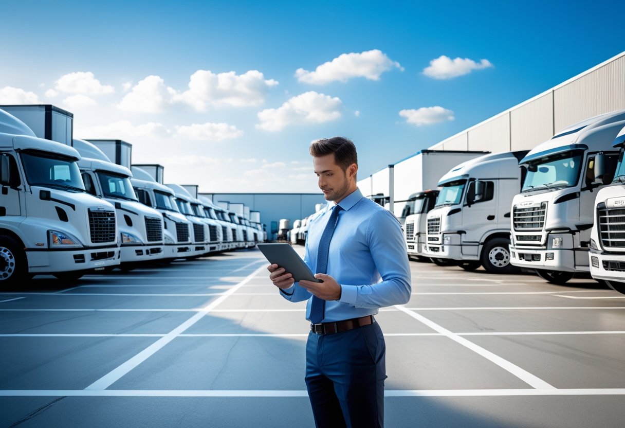 A person using a tablet in front of a large parking lot filled with commercial trucks near a logistics warehouse.