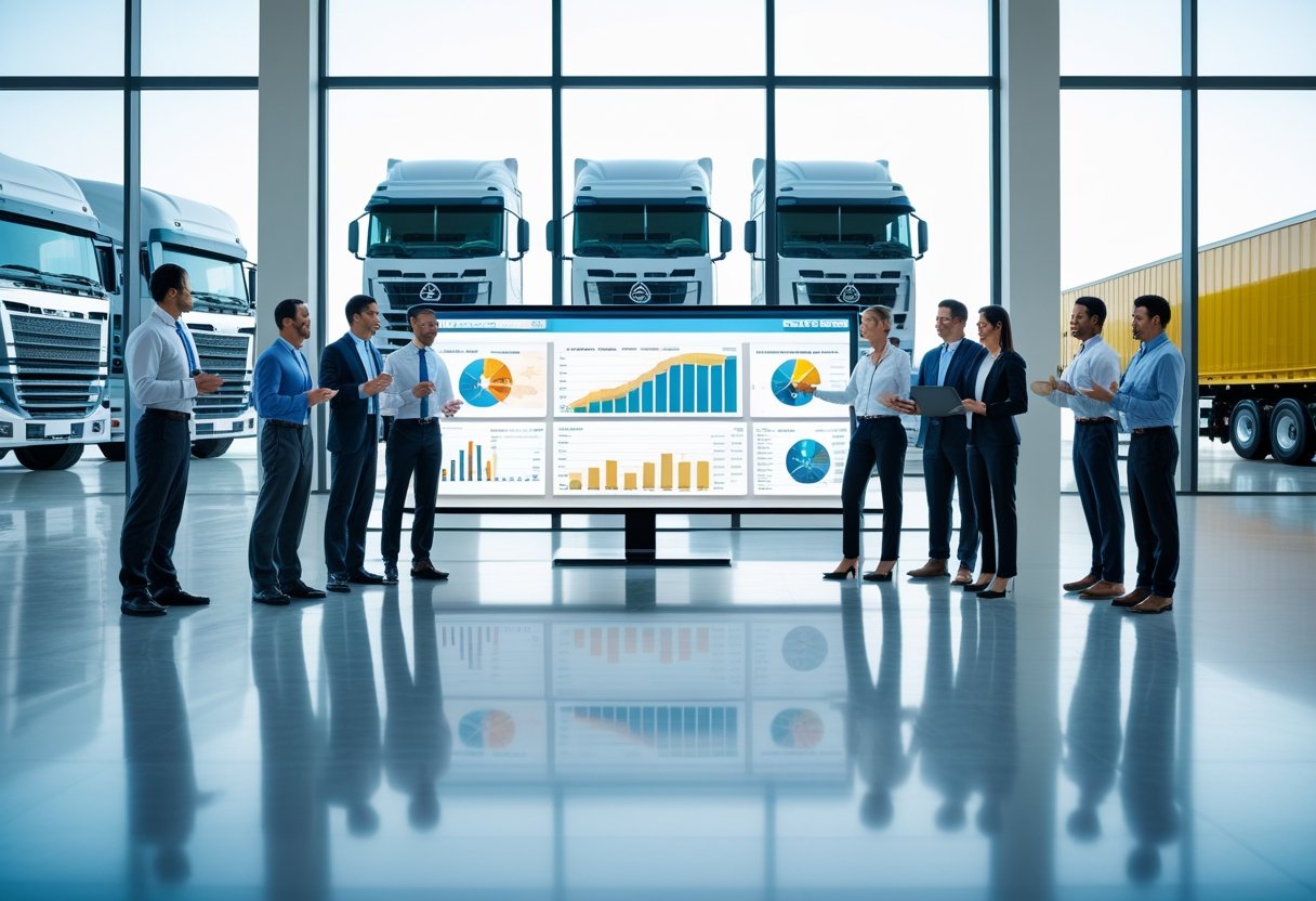 Business professionals discussing truck fleet data in an office with trucks visible outside the windows.