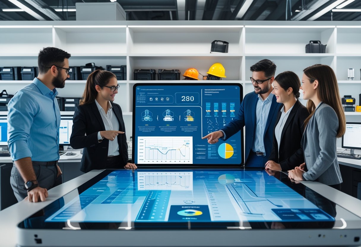 A group of professionals collaborating around a digital touchscreen table displaying equipment data in a modern office with organized tools and computer monitors.