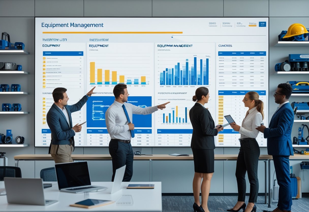 A team of professionals collaborating around a digital touchscreen displaying equipment data in a modern office with organized shelves of tools and equipment.