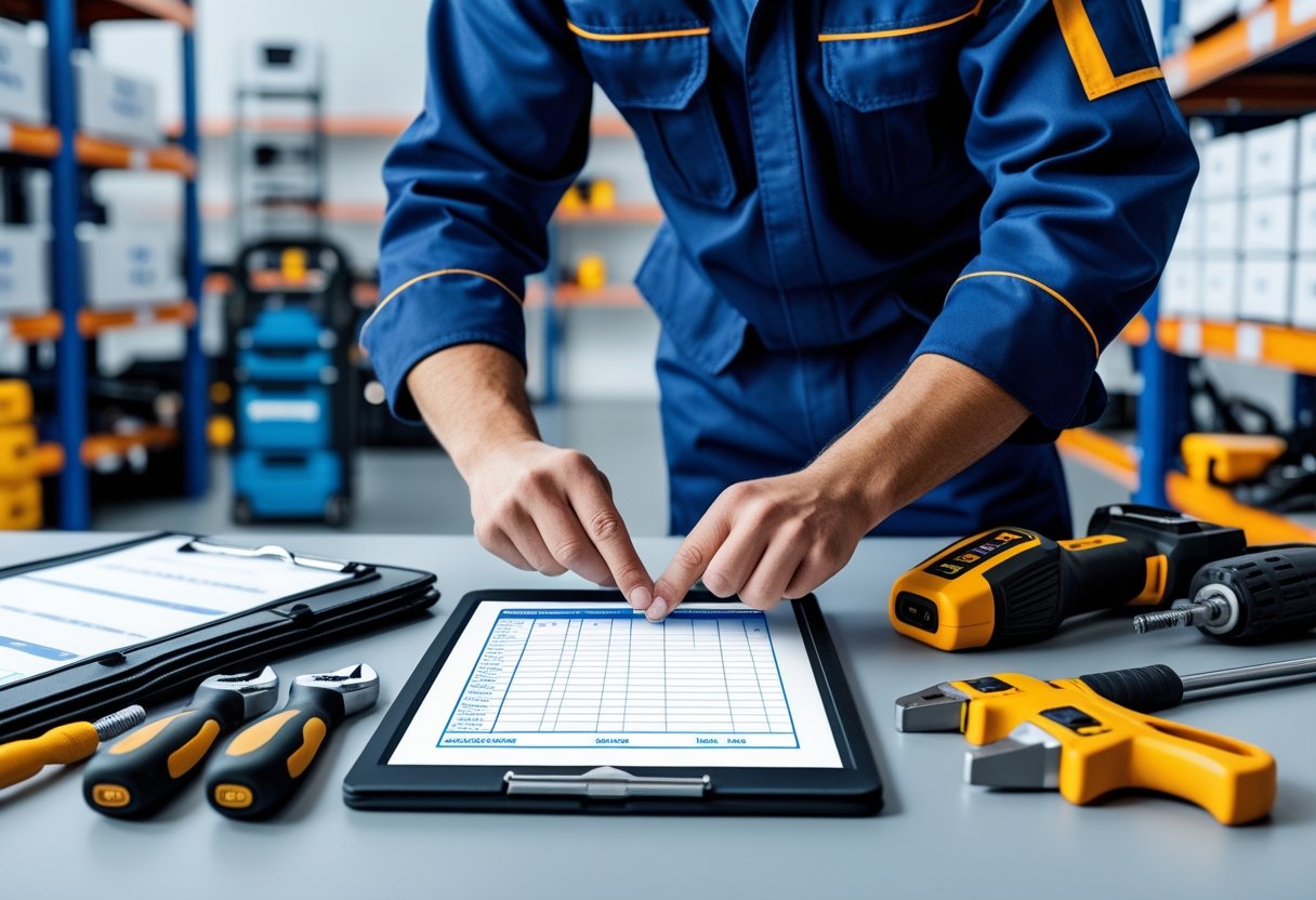 A person checking an inventory form at a desk with various tools and organized shelves of equipment in the background.