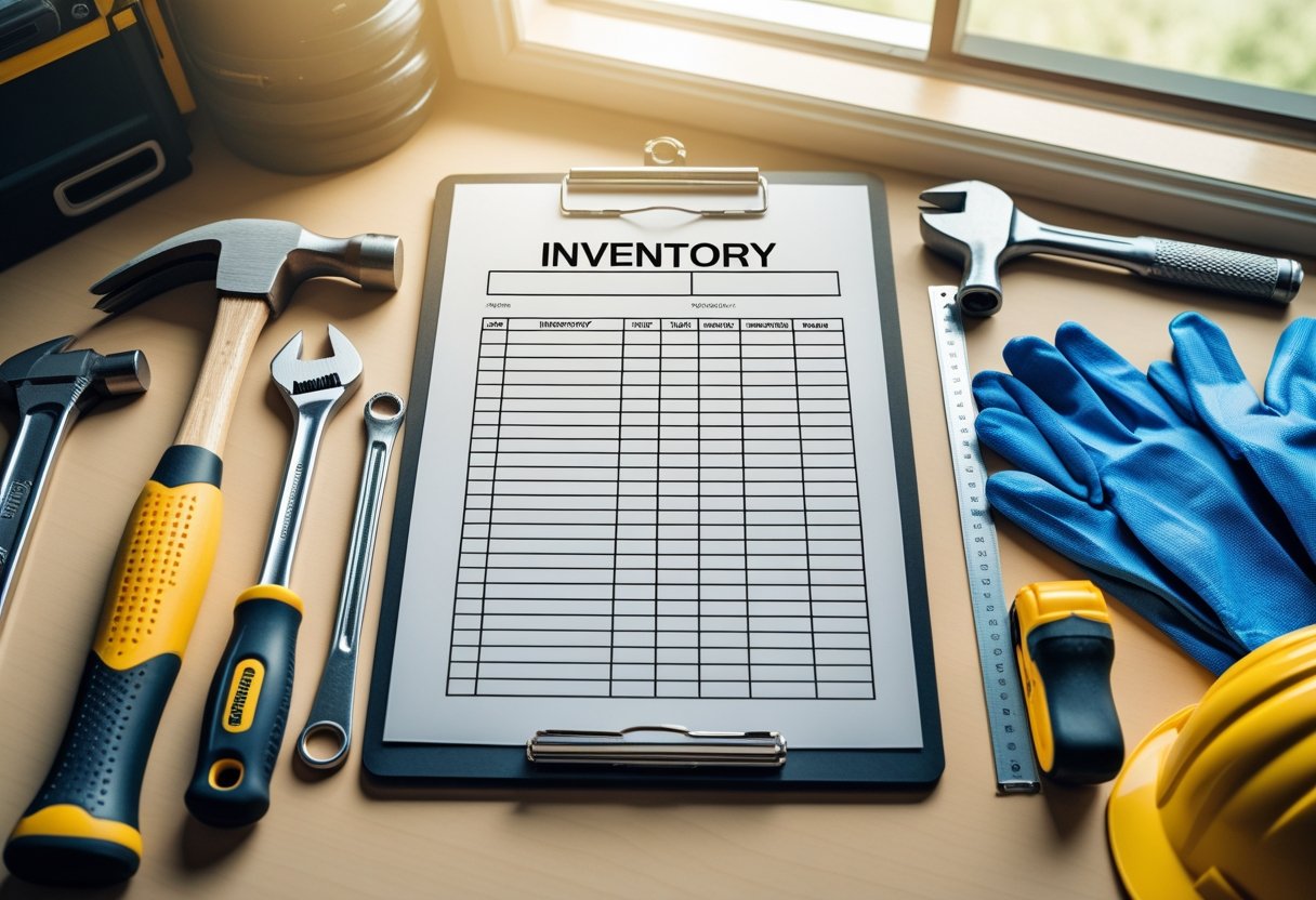 A workspace with a clipboard holding an inventory form surrounded by various tools like a hammer, screwdriver, wrench, measuring tape, and gloves on a wooden table.