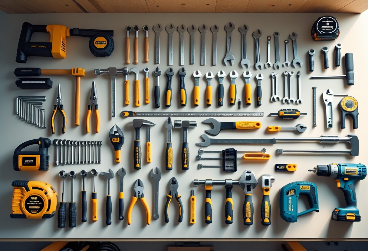 A neatly arranged assortment of hand and power tools on a wooden workbench.