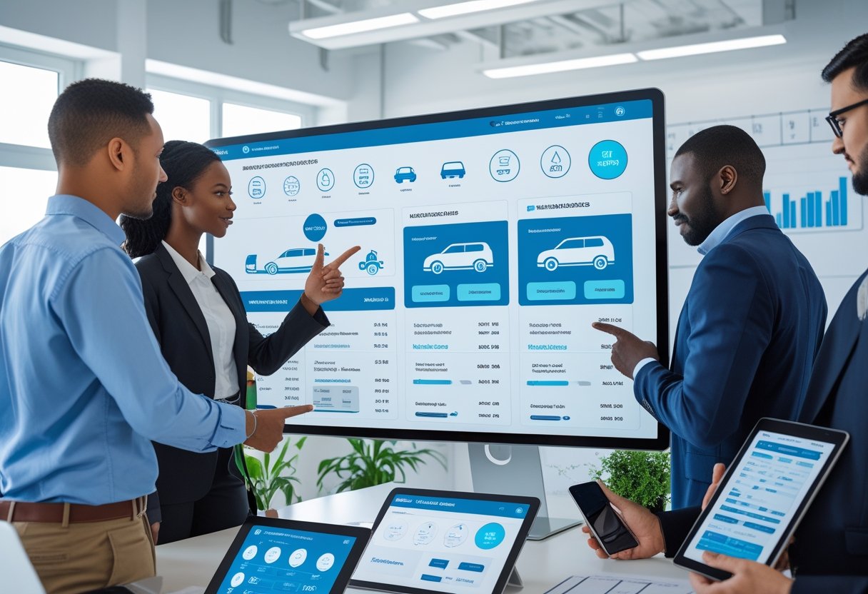 People in an office using a digital fleet maintenance app displayed on a large touchscreen and handheld devices.
