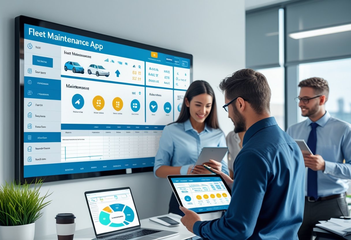 A group of professionals in an office using digital devices to monitor and manage fleet maintenance data on screens and tablets.