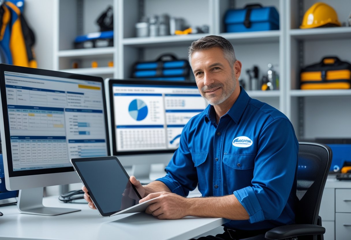 An engineer in a blue shirt working at a desk with multiple computer monitors showing maintenance schedules in a well-organized office.