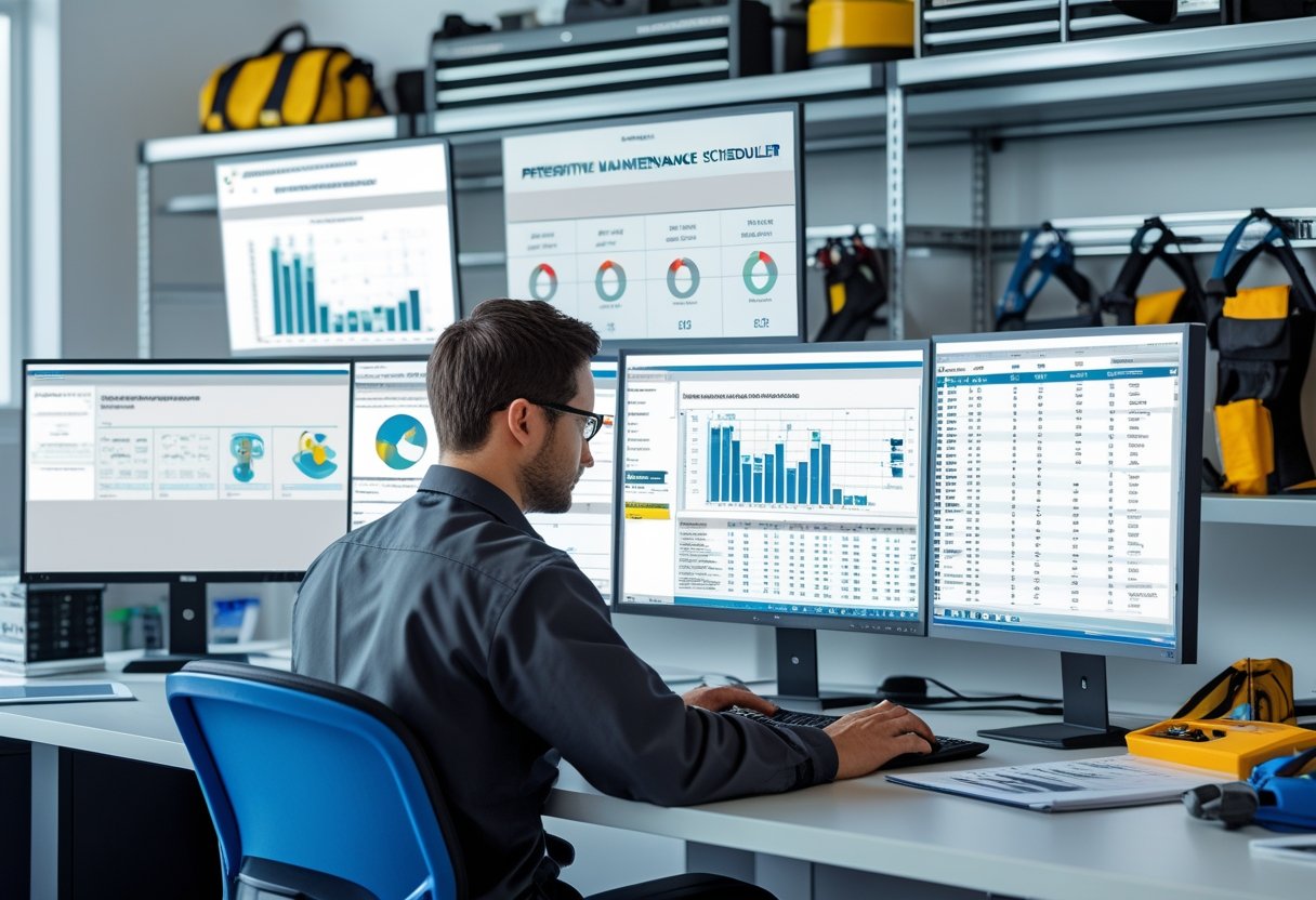 A technician working at a desk with multiple computer screens showing maintenance schedules and equipment diagrams in a well-organized office with tools and spare parts.
