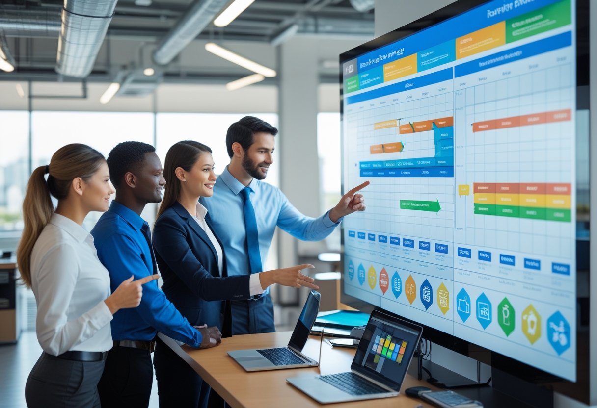 A diverse team of maintenance professionals collaborating around a digital touchscreen displaying a preventive maintenance schedule in a modern office.