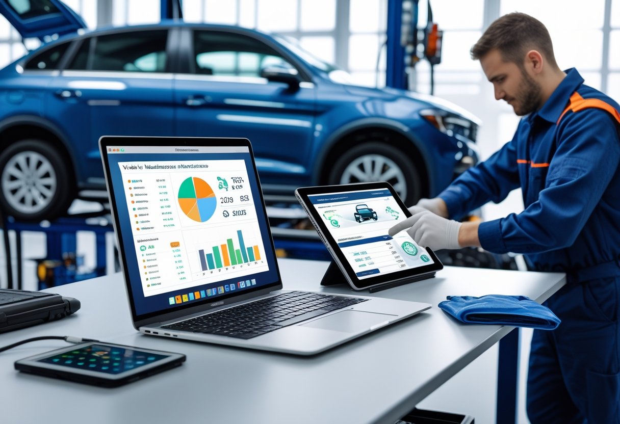 A mechanic working in a garage with a laptop and tablet displaying vehicle maintenance software dashboards on a desk nearby.