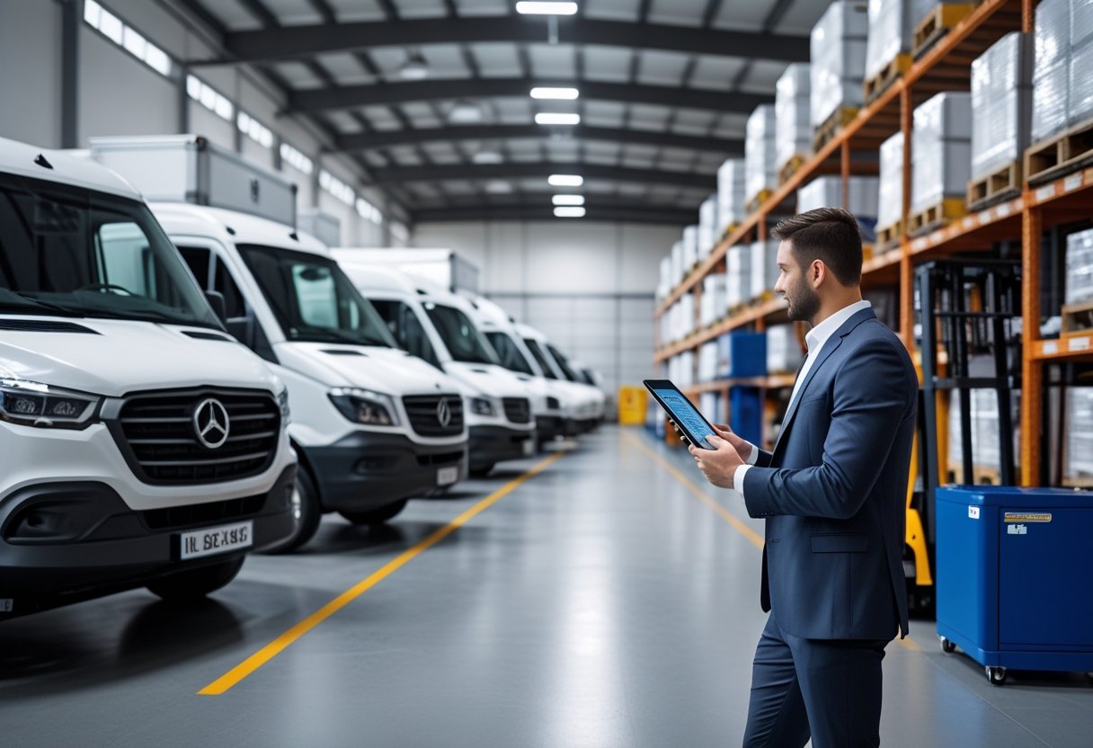 A business professional checks a digital tablet in a large warehouse with parked delivery vans, trucks, and forklifts surrounded by organized inventory shelves.