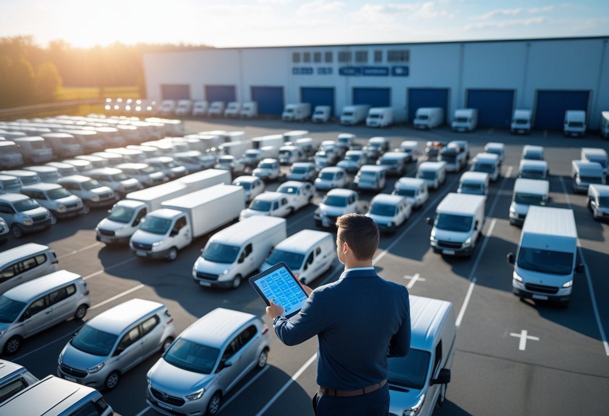A person using a tablet to check a large parking lot filled with various vehicles arranged in rows outside a warehouse.