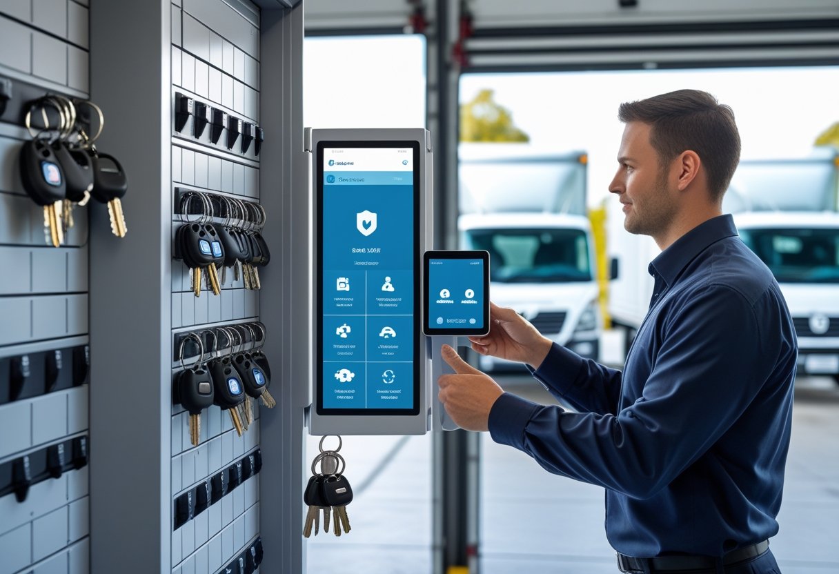 A fleet manager uses a digital touchscreen on a secure key cabinet with labeled keys, with commercial vehicles visible in the background.