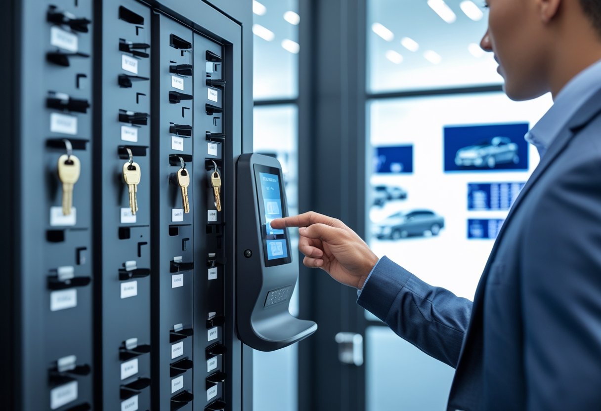 A person using a digital touchscreen on a secure key cabinet holding multiple vehicle keys in an organized office environment.