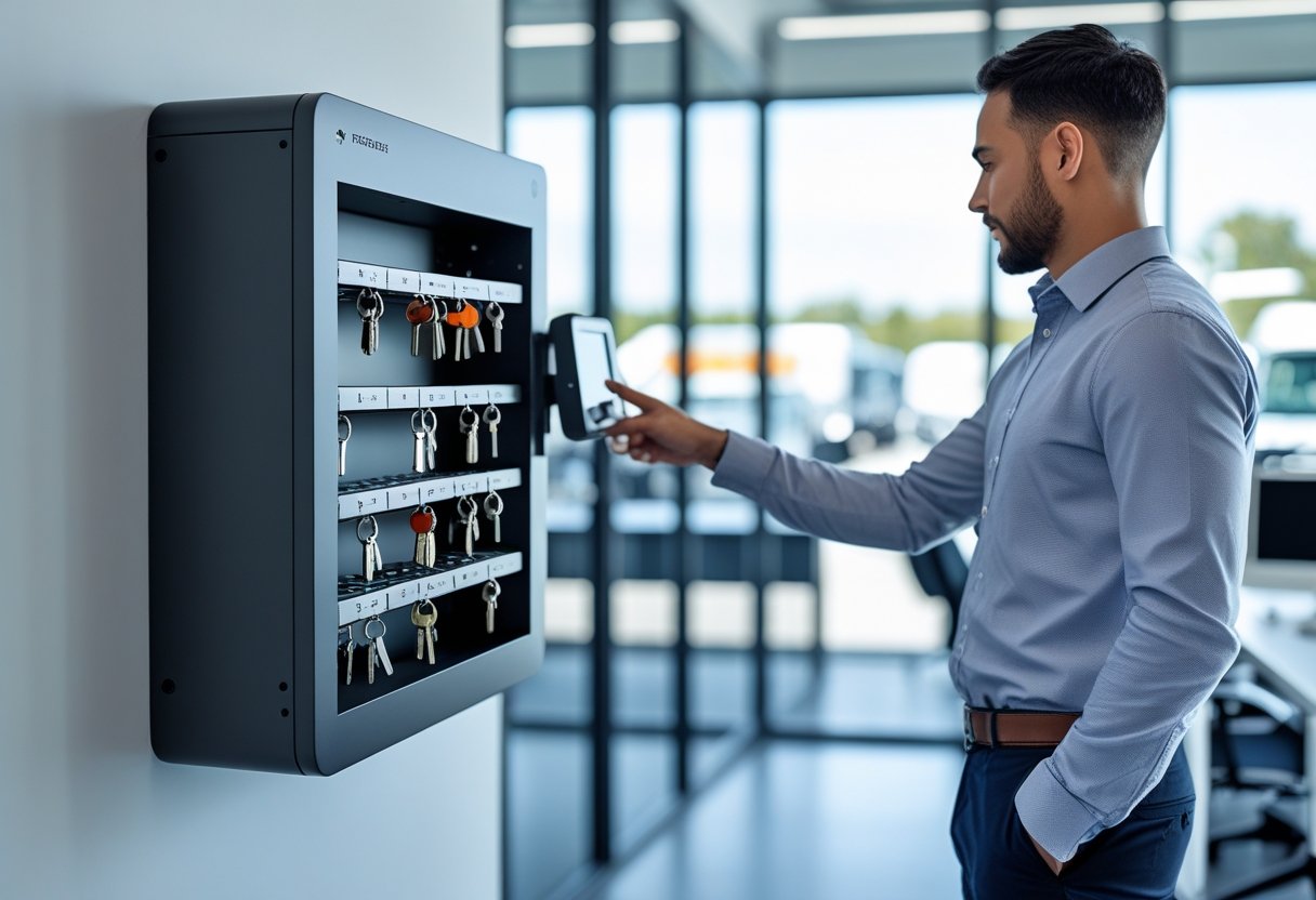 A person using a modern electronic key cabinet to manage vehicle keys in a clean office environment.