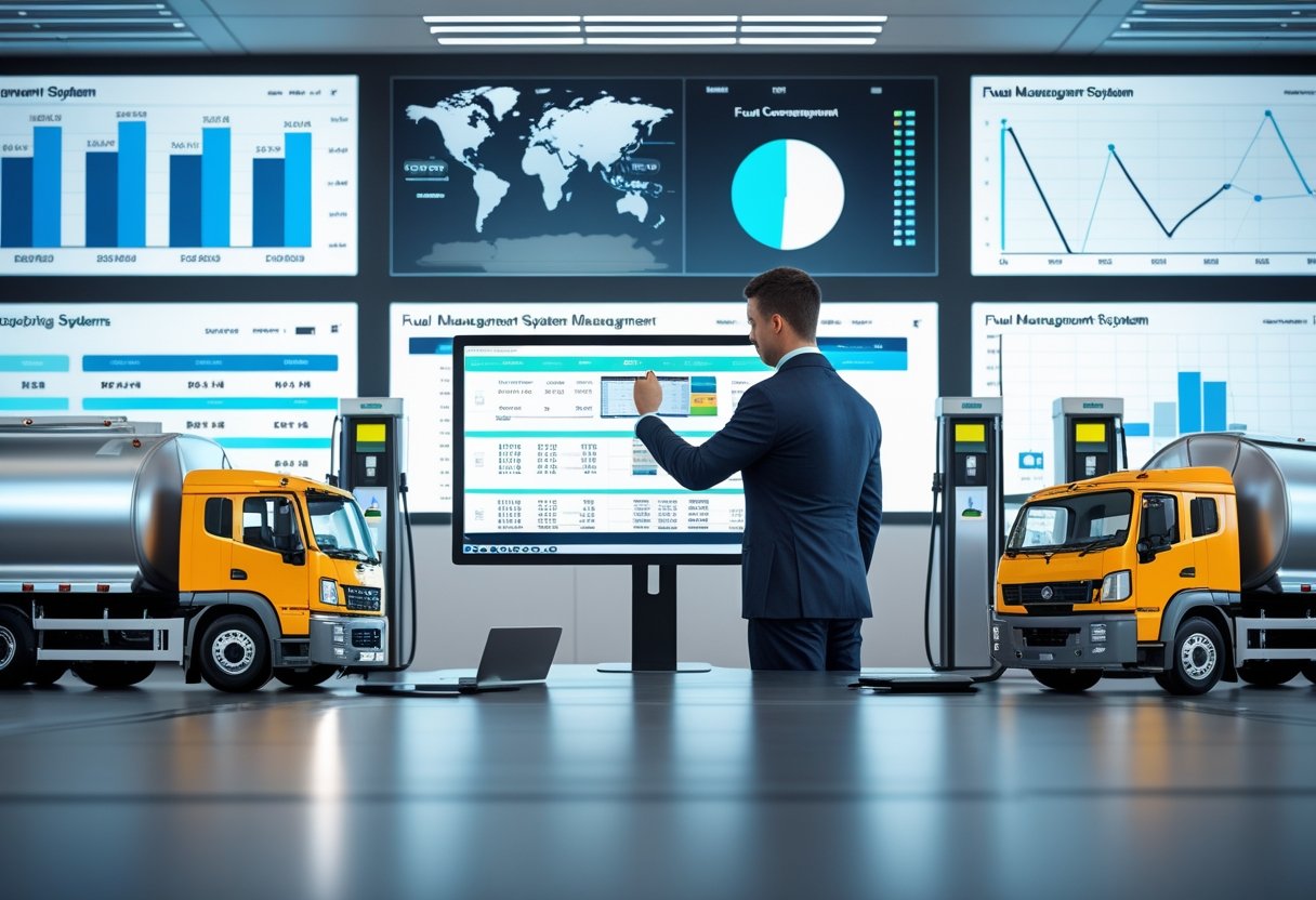 A fleet manager analyzing fuel consumption data on digital screens in a modern control room with models of trucks and fuel pumps nearby.