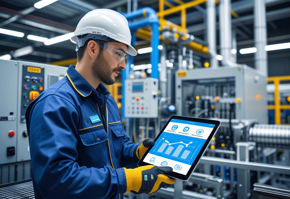 A technician wearing safety gear uses a tablet device near industrial machinery in a maintenance setting.