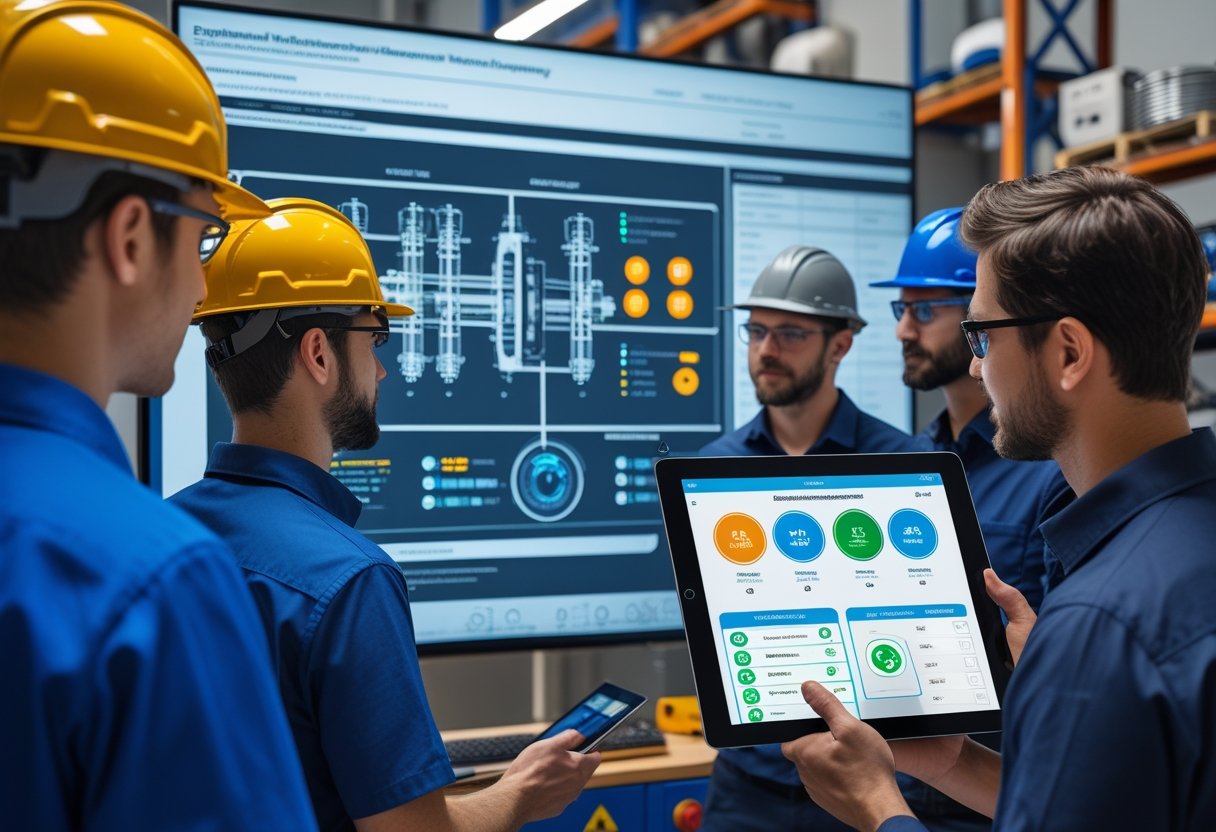 A team of engineers using a tablet and a large touchscreen display to manage equipment maintenance in an industrial workspace.