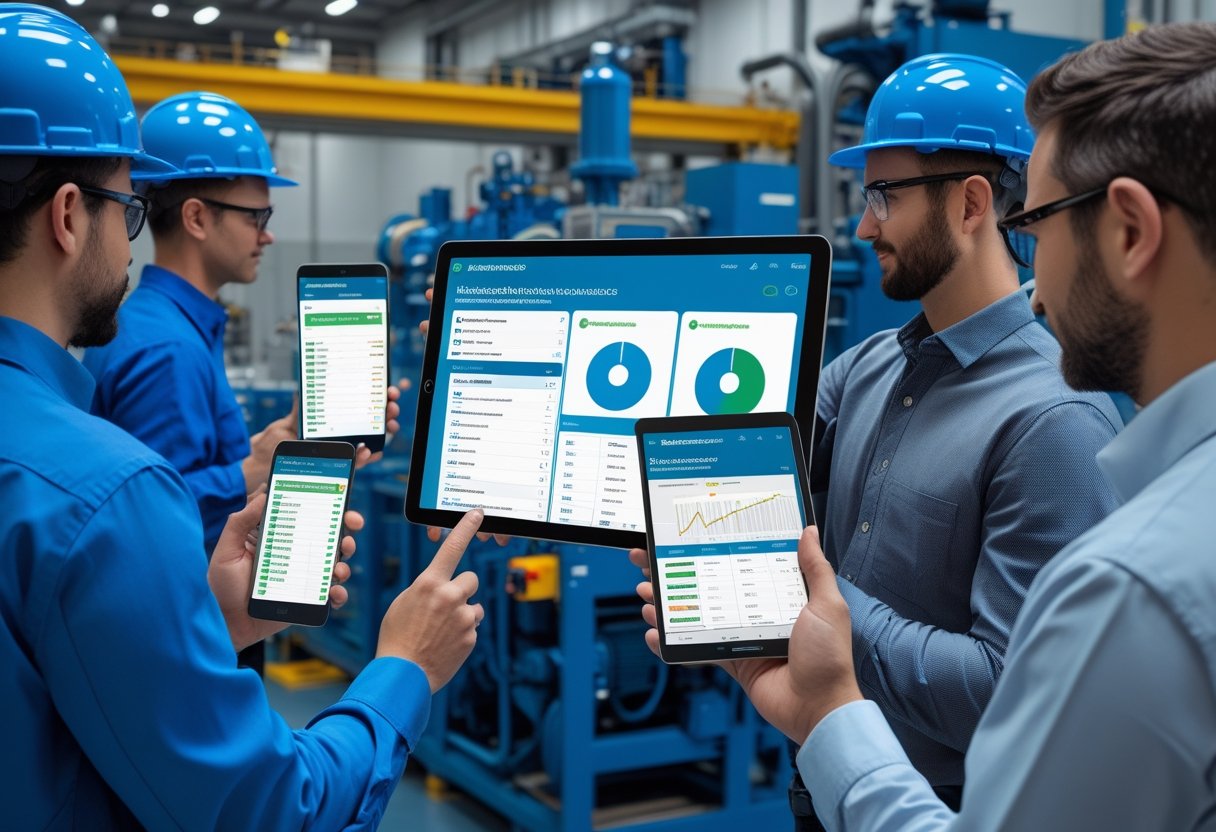 Technicians using digital devices in an industrial setting to monitor and maintain equipment.