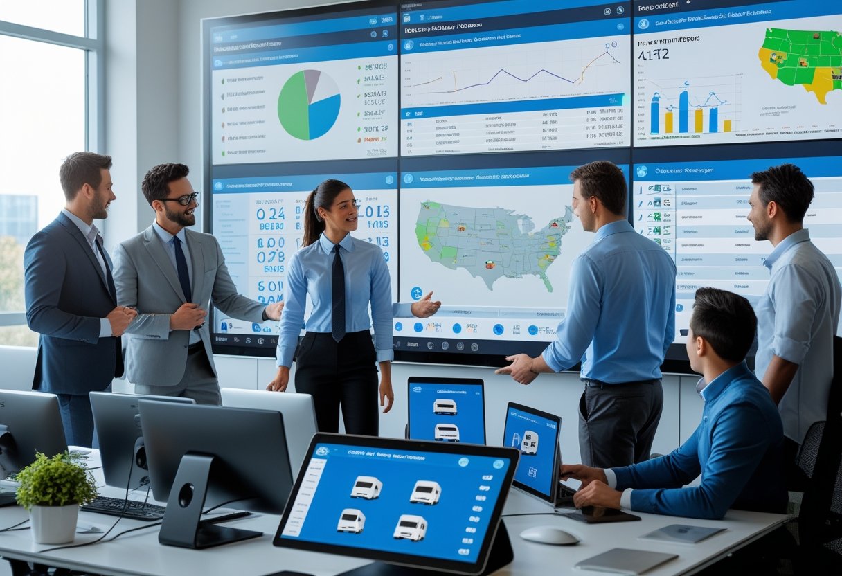 A team of professionals working together in an office with digital screens showing maps and vehicle tracking data.