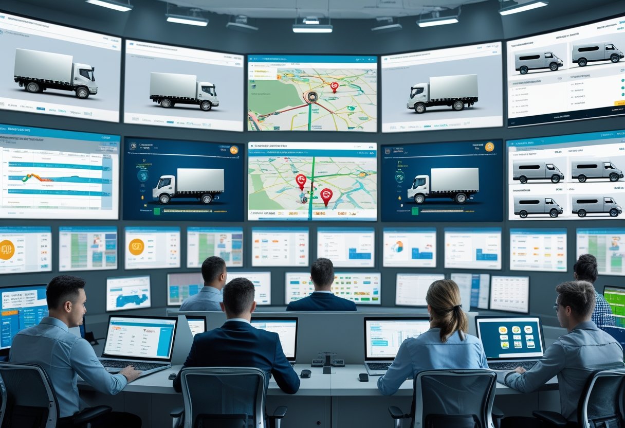 A team of professionals monitoring fleet vehicles using digital screens showing maps and data in a modern control room.