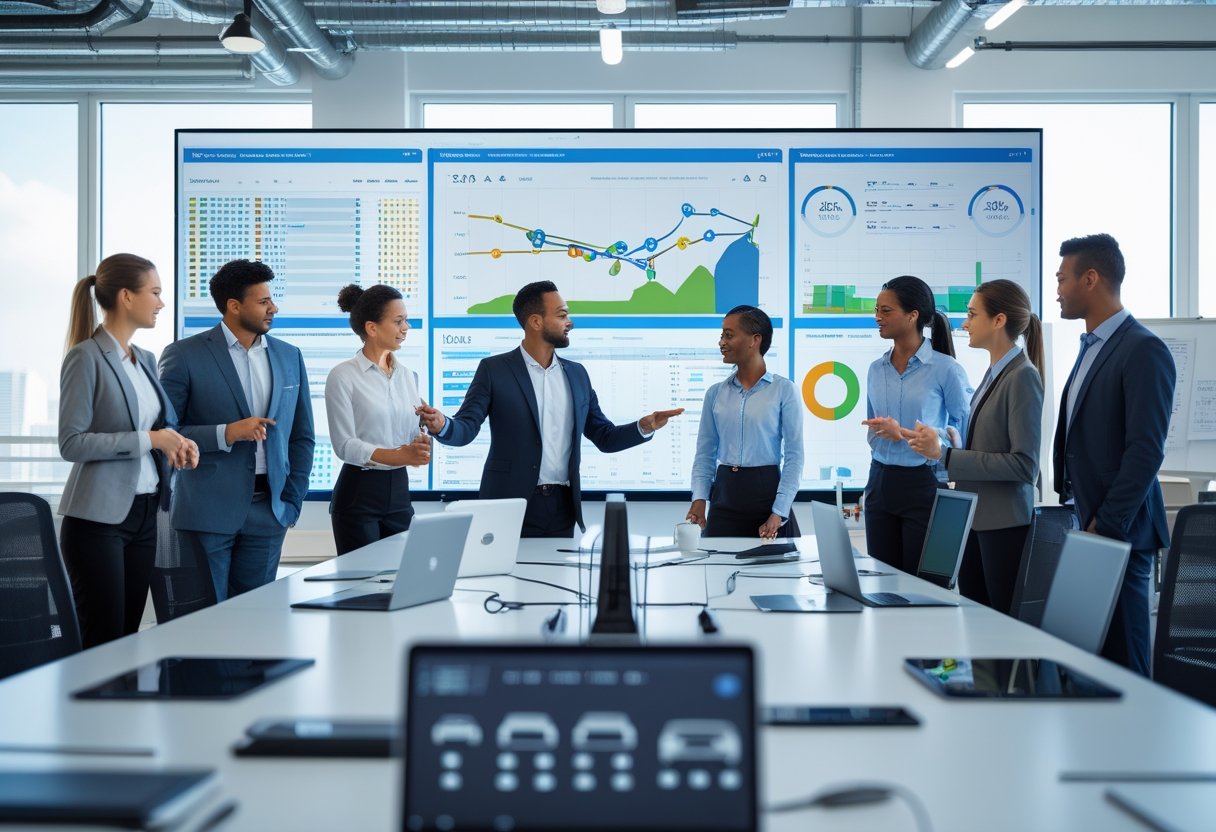 A team of professionals working together in an office with digital screens showing vehicle routes and data for fleet management.
