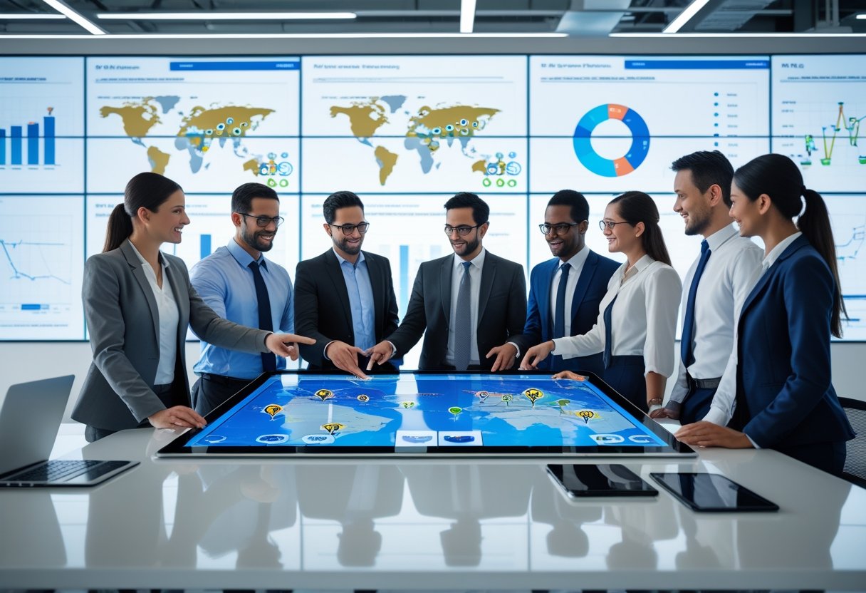 Business professionals collaborating around a digital touchscreen table displaying a map with vehicle tracking data in a modern office.