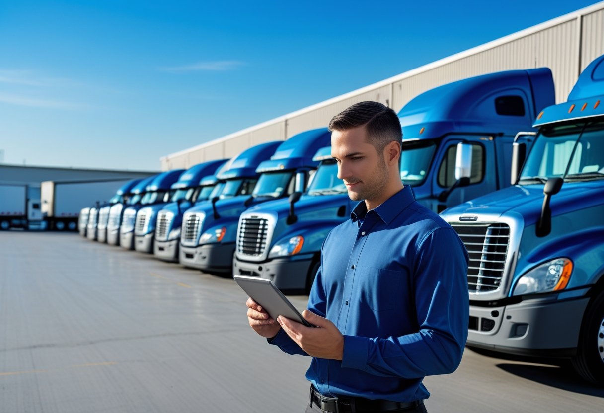 A fleet manager using a tablet stands near a row of parked semi-trucks at a logistics center.